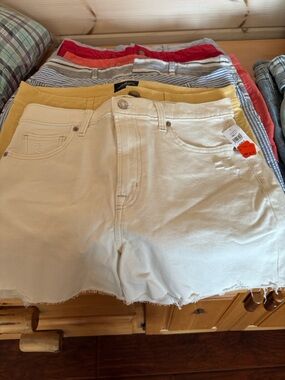 Multiples Cream Cutoff Denim Shorts with Frayed Hem
